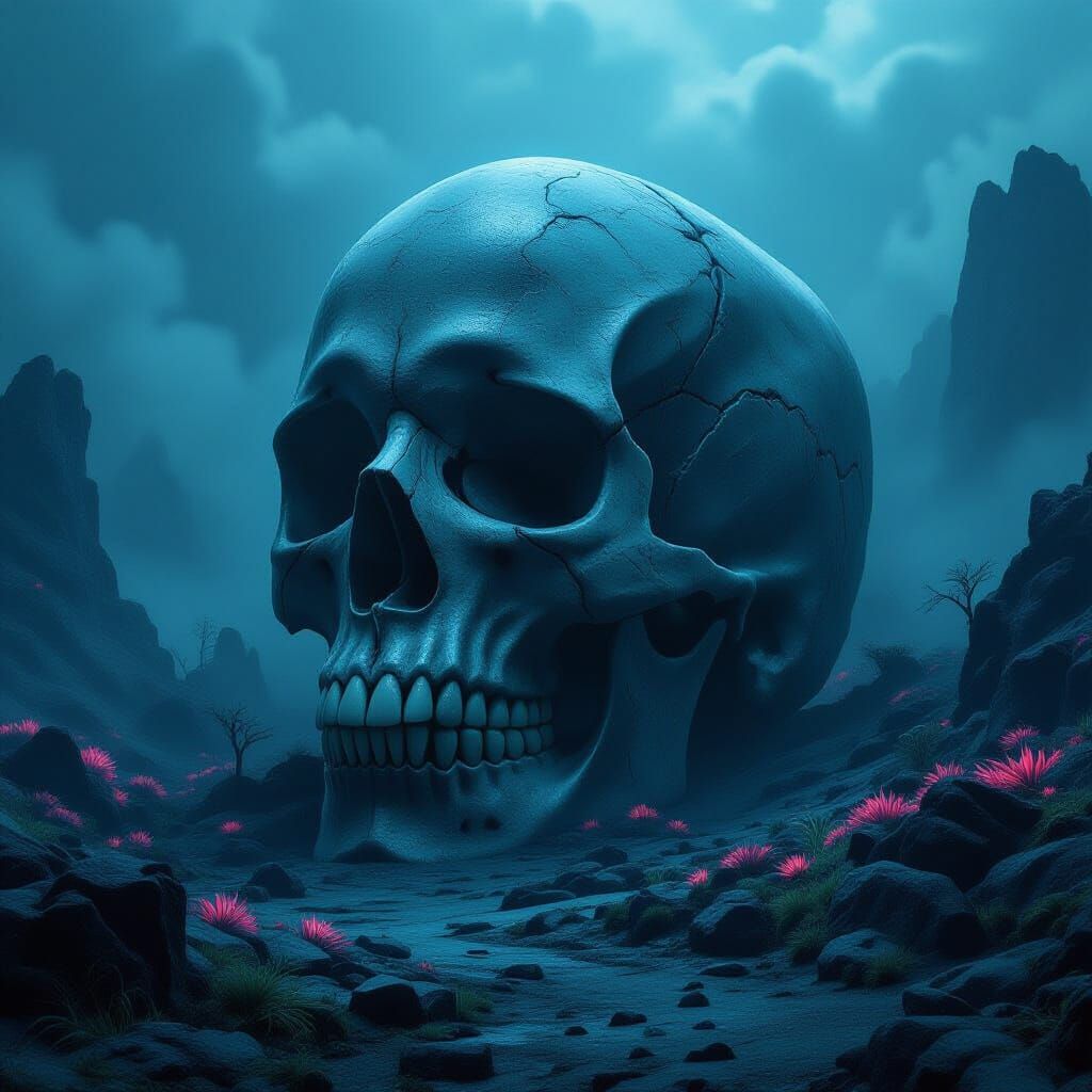 Colossal Skull on Alien Landscape in Misty Atmosphere