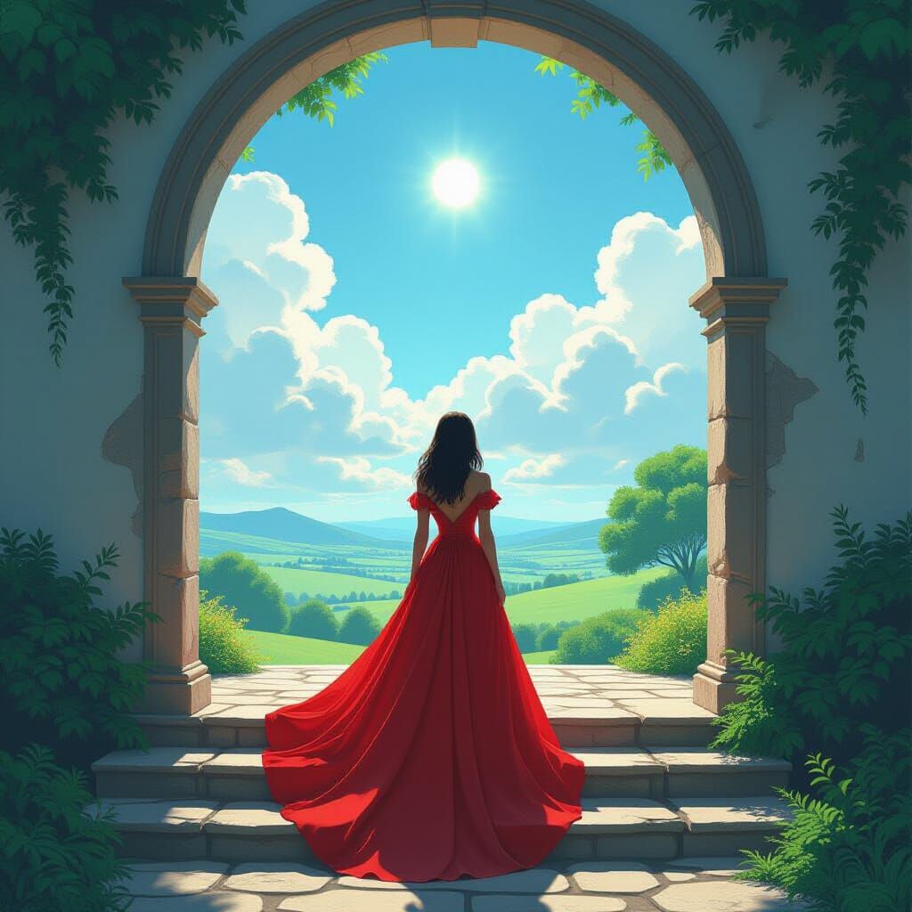 Woman Gazing at Landscape Through Archway, Digital Painting