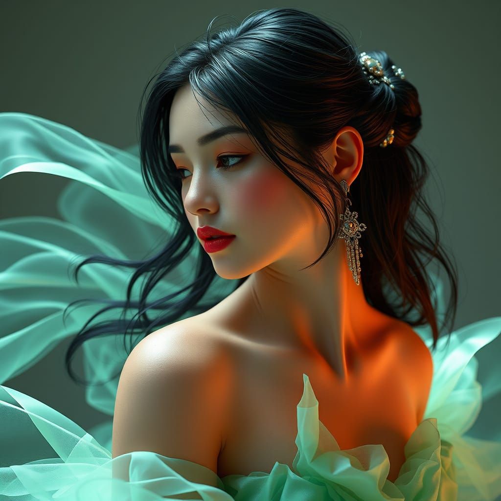 a beautiful woman with black hair wearing a vaporous iridescent mint green tulle satin silk dress. and jewelry in hair