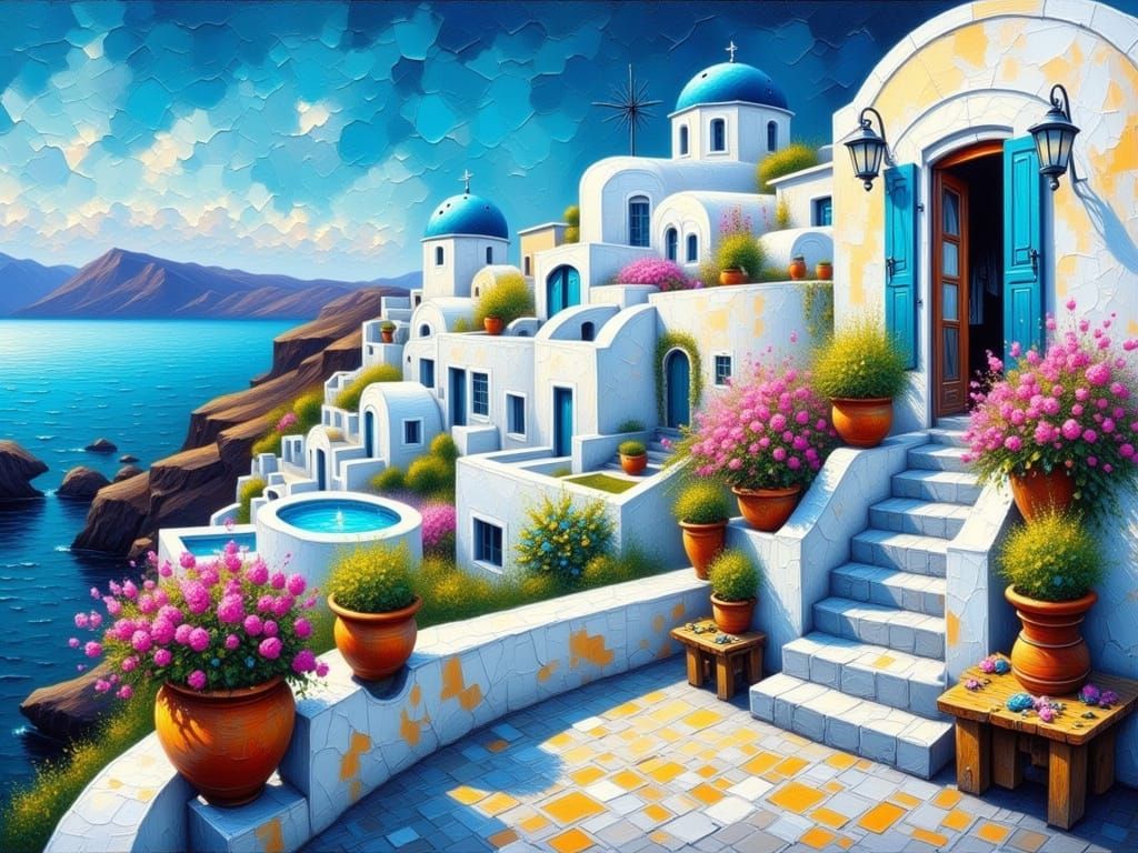 Impasto Oil Painting of a Klimt-Inspired Coastal Village