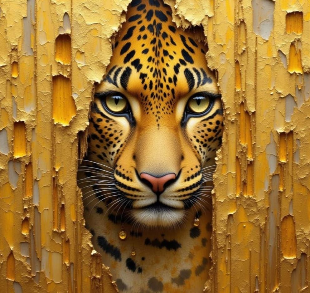 Leopard's Golden Gaze in Impasto Gold Leaf Style