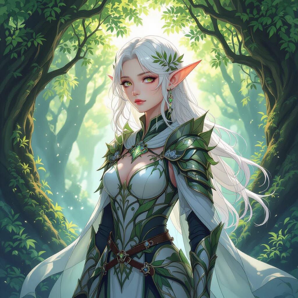 Ethereal Elf in Ancient Forest, in Anime Style