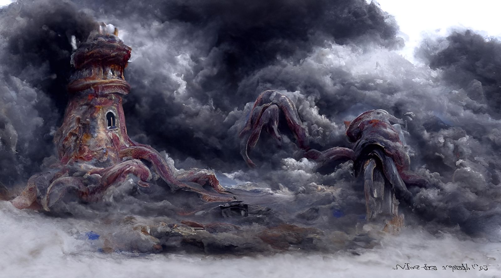 Giant Octopus Lighthouse in Stormy Ethereal Fantasy