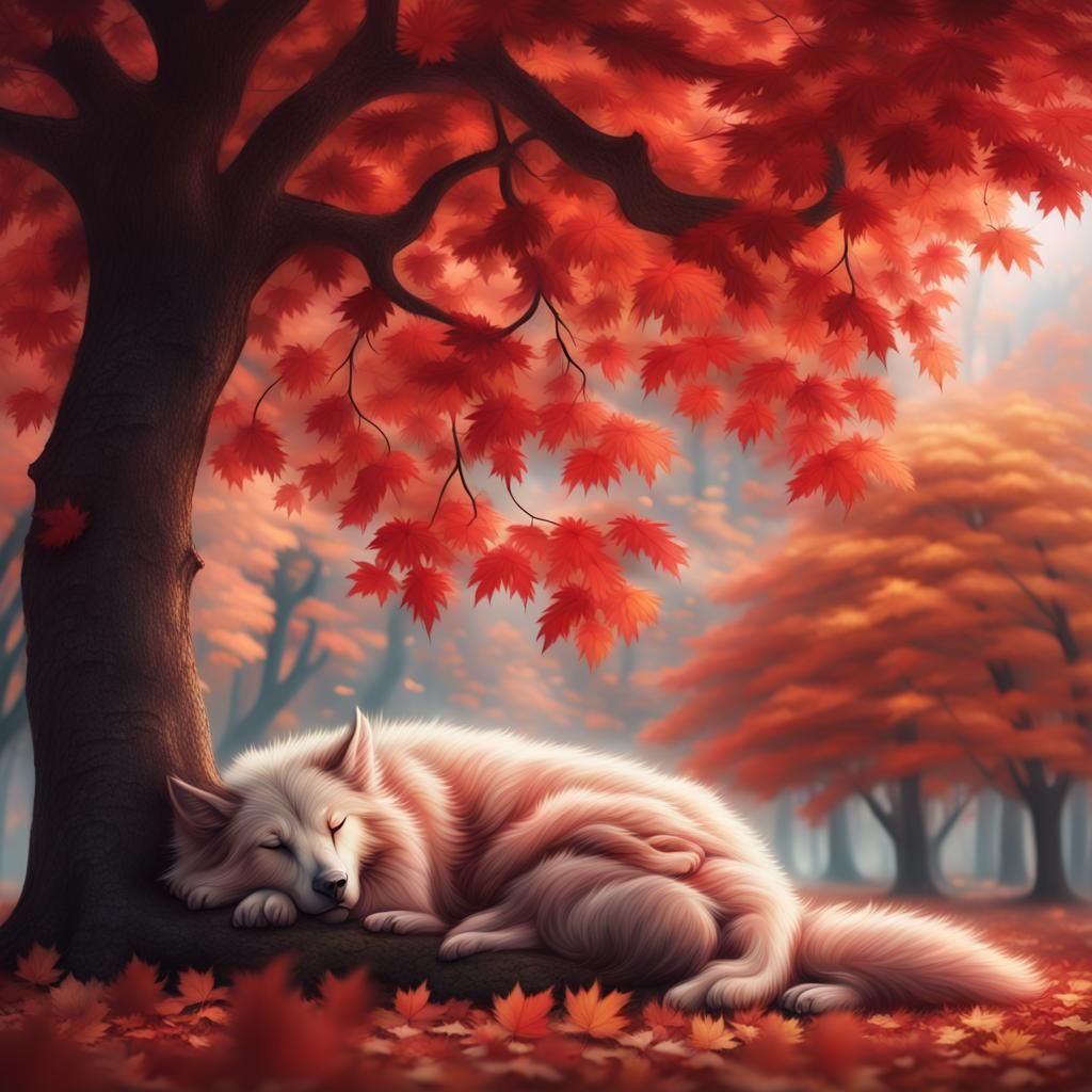 Fluffy Creature's Peaceful Sleep Under Maple Tree