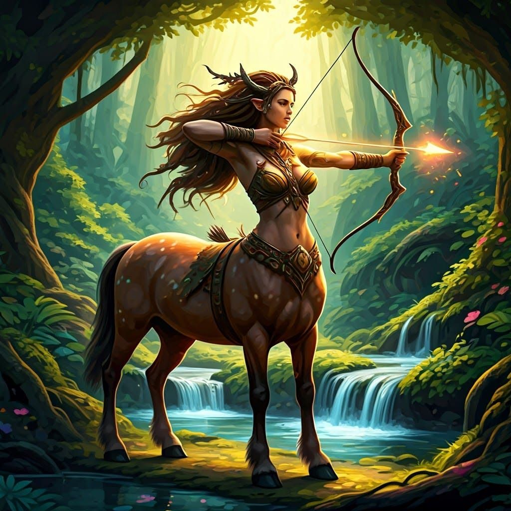 Centaur Woman in a forest with springs Archery Aiming at the...