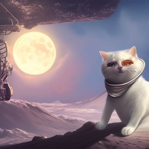White Cat on Moon in Wheelchair: Fantasy Concept Art