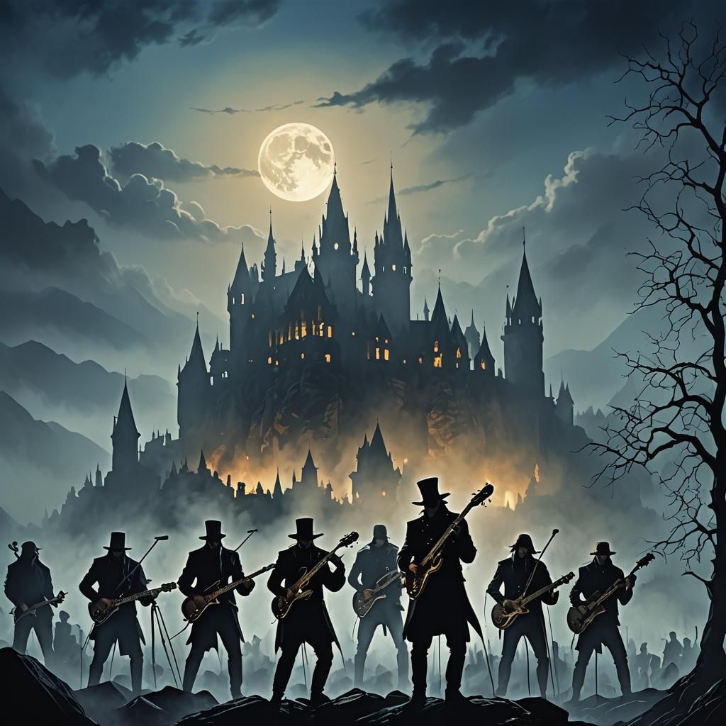 Rock Band Silhouette with Gothic Castle in Digital Art