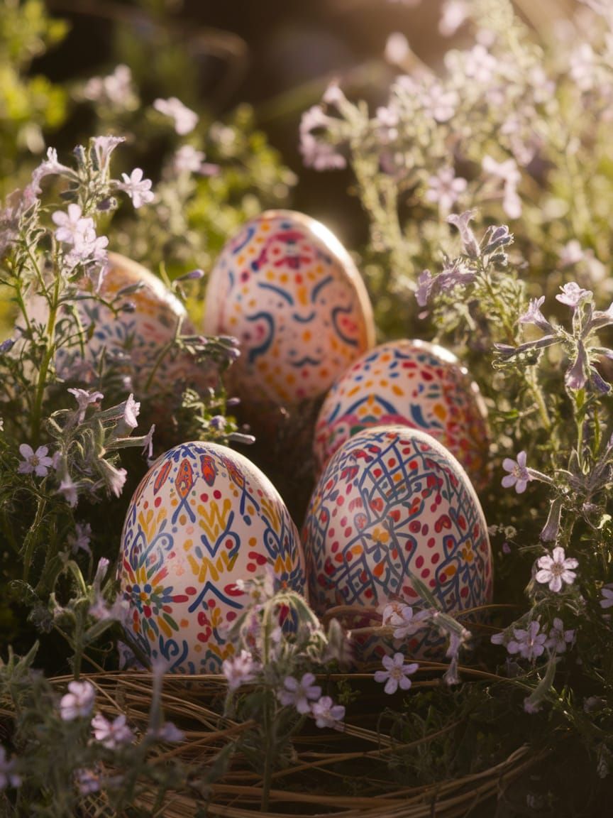 Vibrant Pysanky Easter Eggs Amidst Wildflowers in Golden Lig...