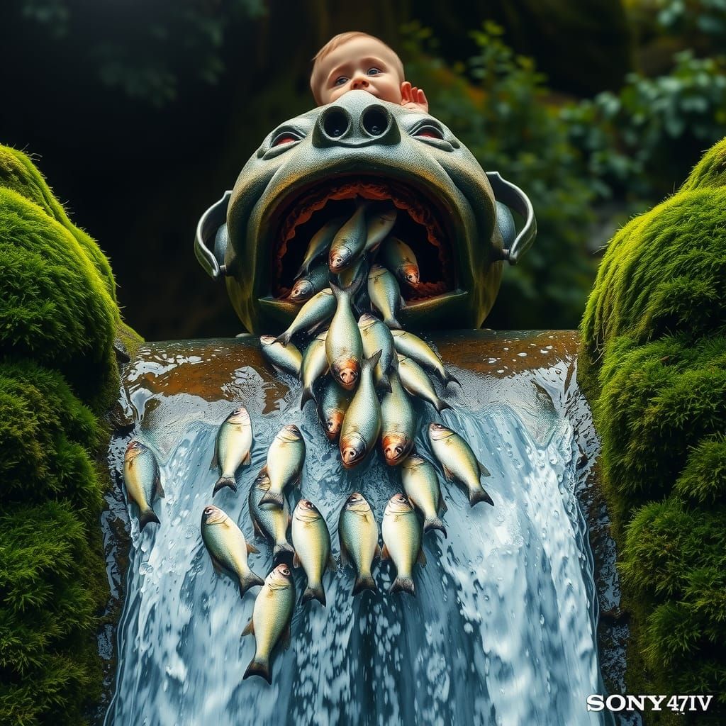 Surreal Waterfall of Fish Flowing from Child