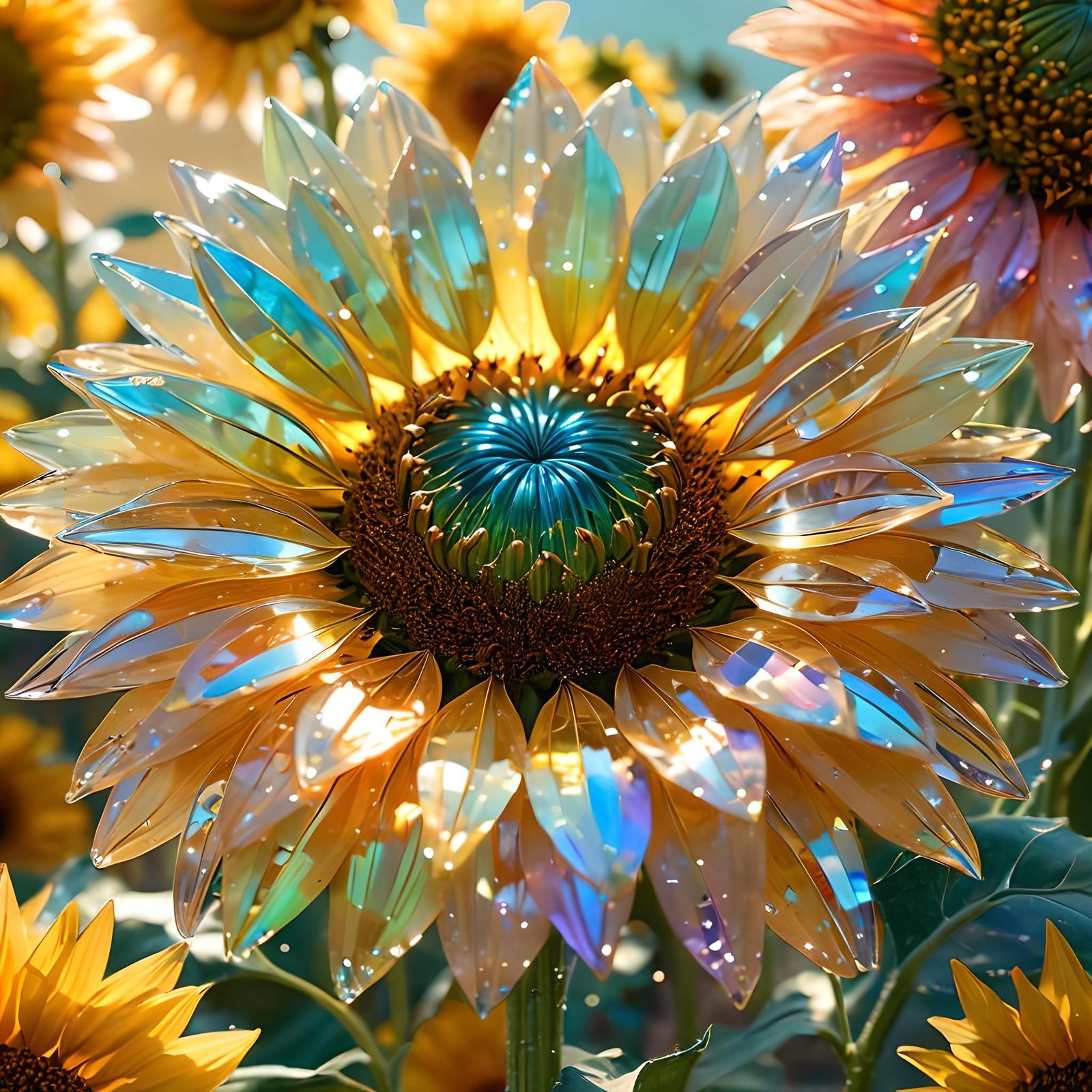 Iridescent Crystal Sunflower in a Sunny Field