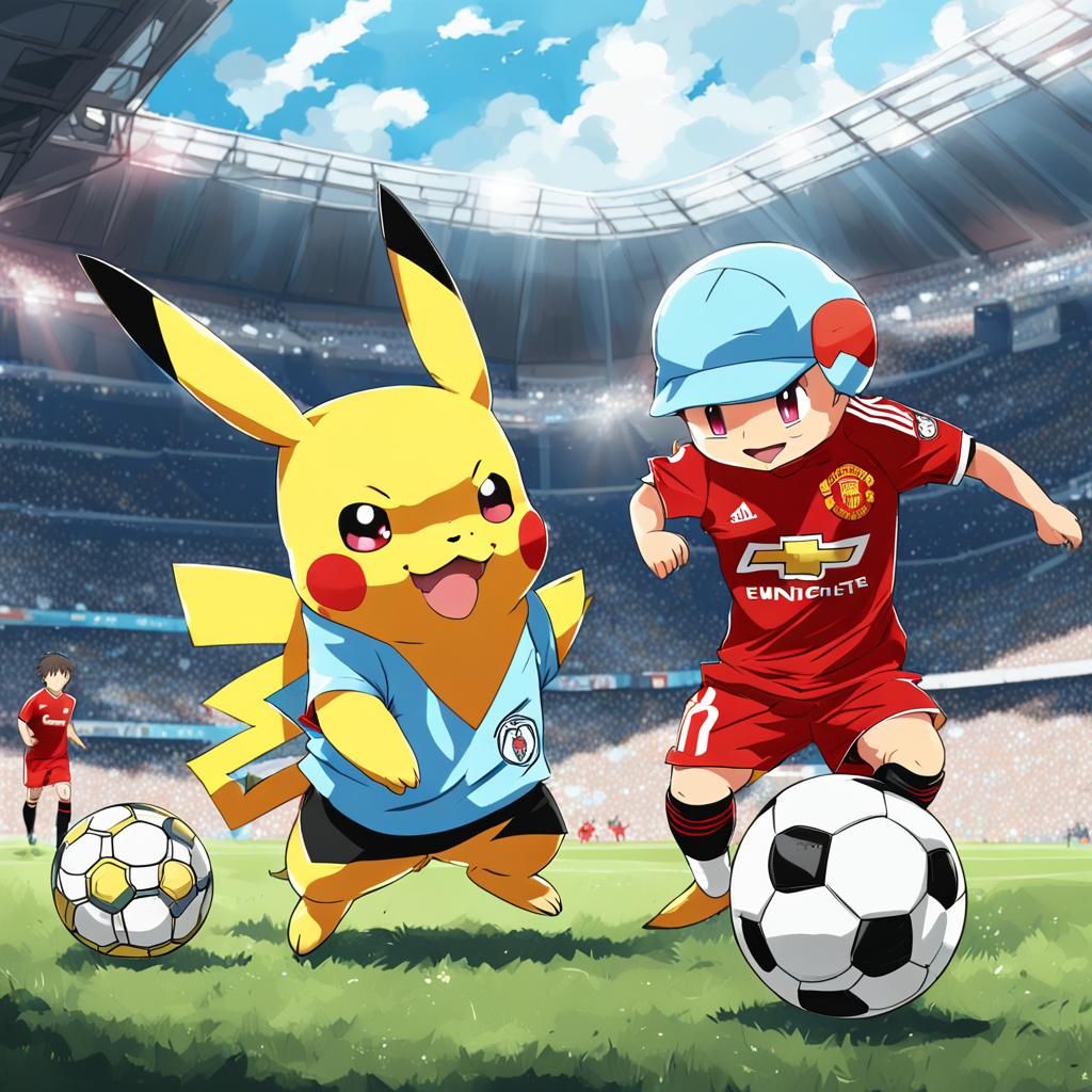 Pikachu vs Squirtle Soccer Match in Anime Style