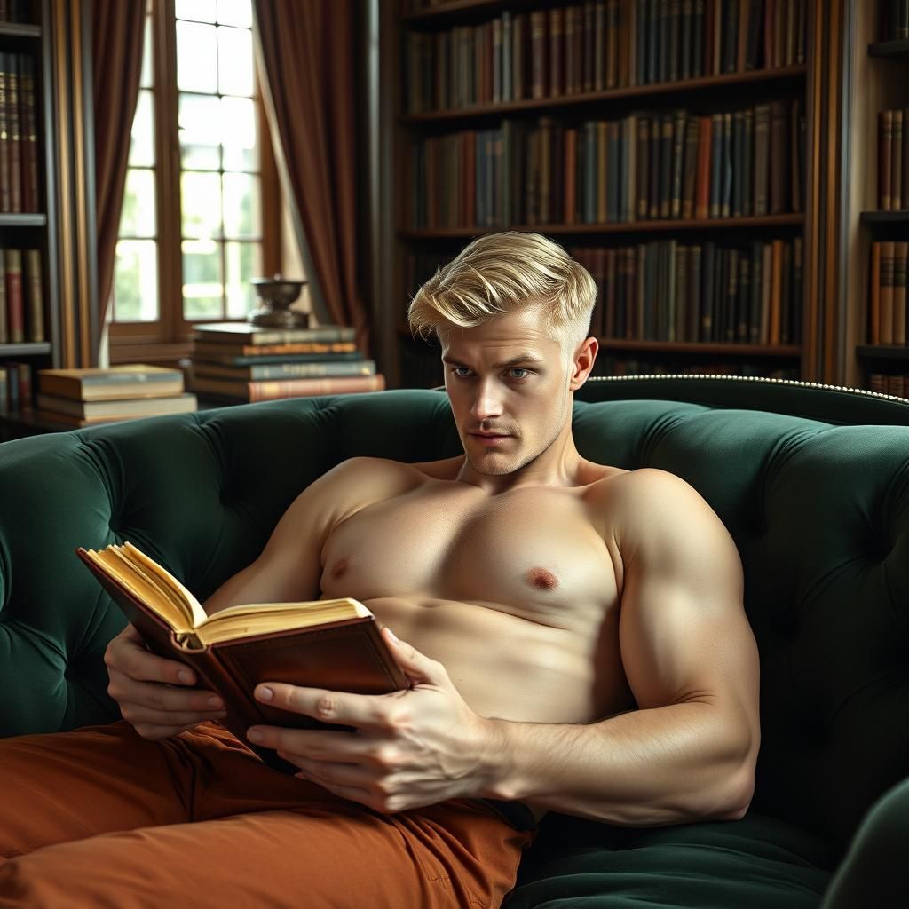 Blond Man Reading on Emerald Couch, Photorealistic Style