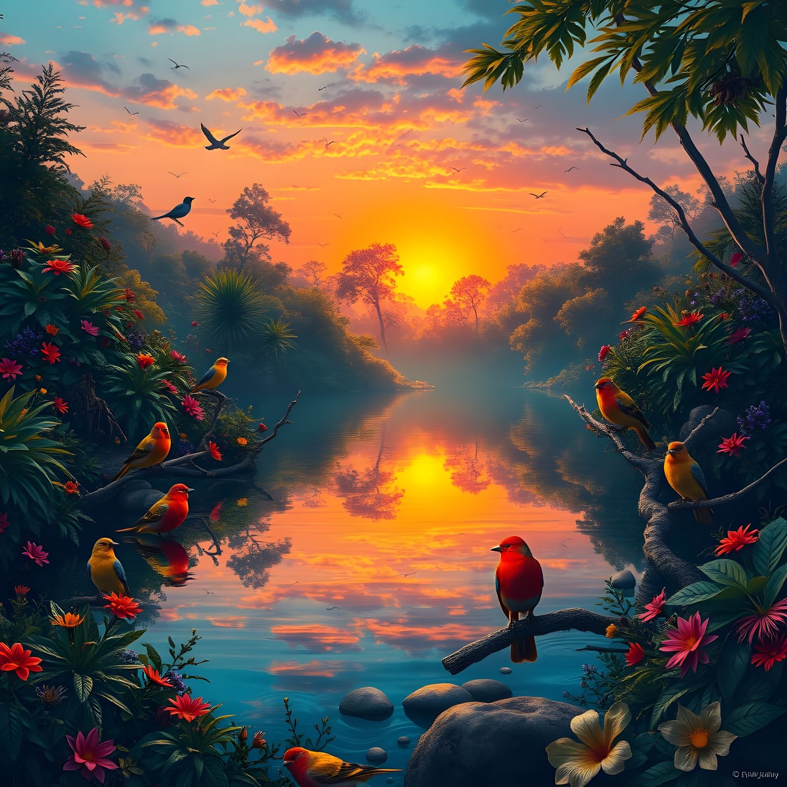 Vivid Sunrise Reflecting in Crystal Clear Water