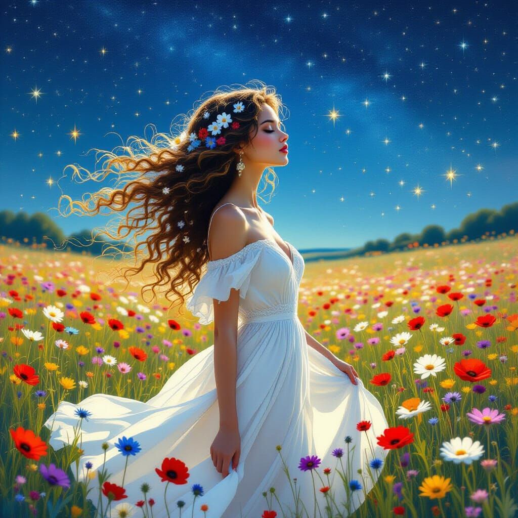 Dreamlike Woman with Blooming Hair in Wildflower Field
