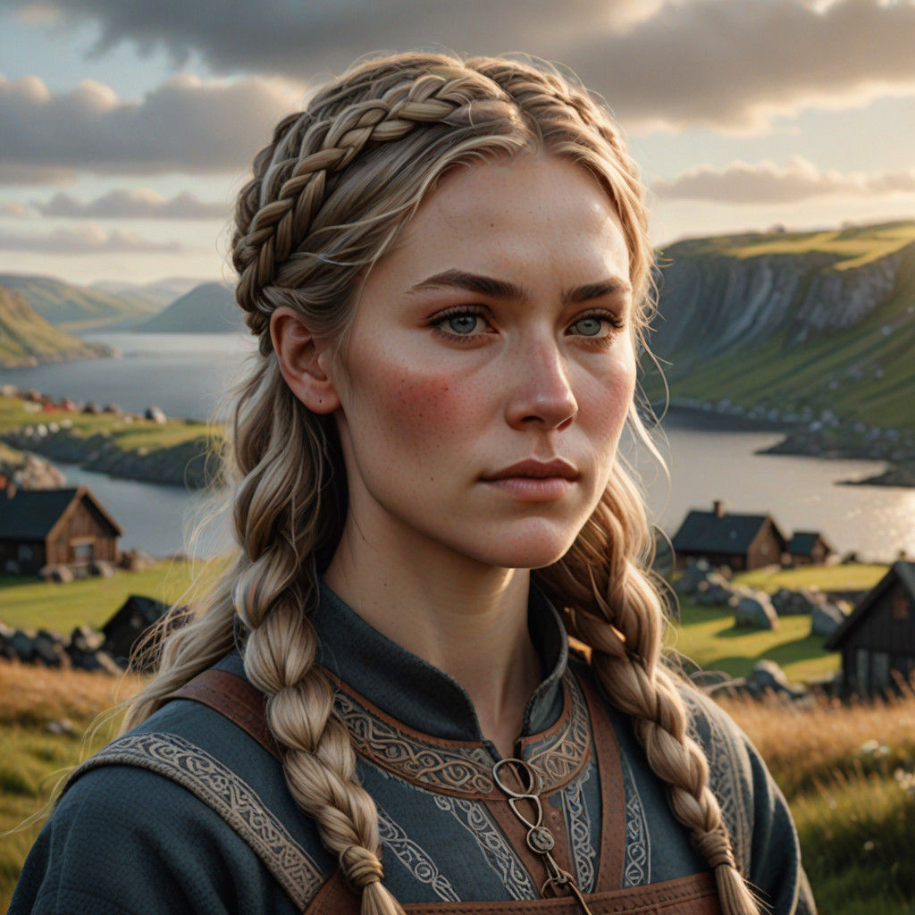 Viking Woman in Traditional Dress, Serene Swedish Landscape