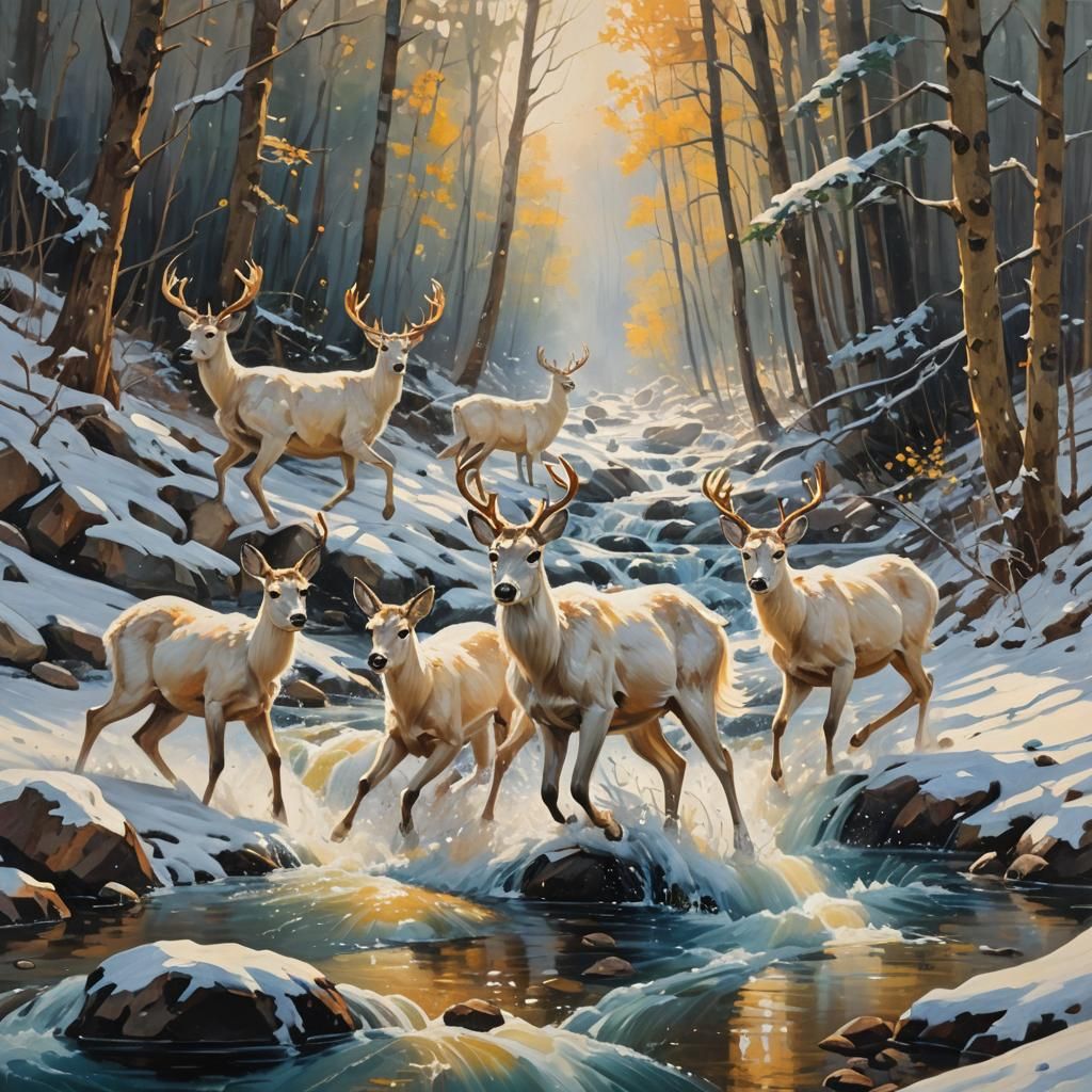 White Deer Herd in Mountain Stream, Impressionist Oil
