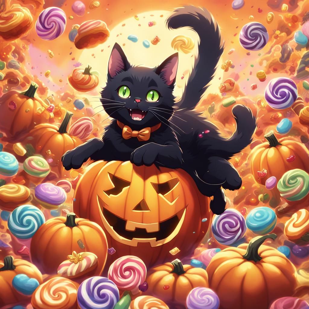 Anime Black Cat Leaping from Pumpkin with Sweets