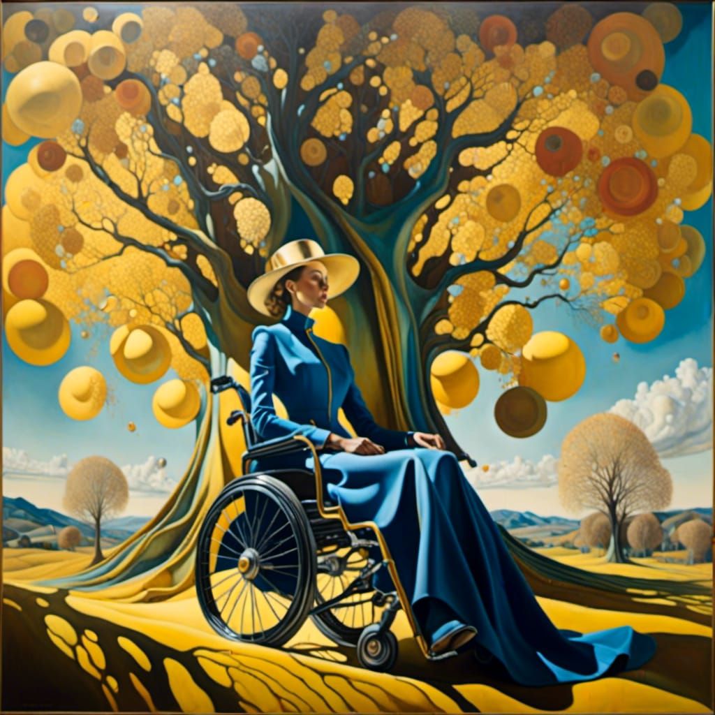 Golden Light on Woman in Wheelchair: Surreal Oil Painting