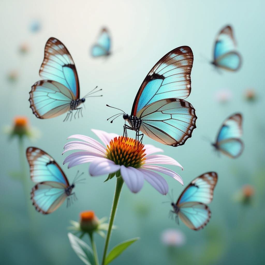Iridescent Butterflies Fluttering Around Dew-Kissed Flower