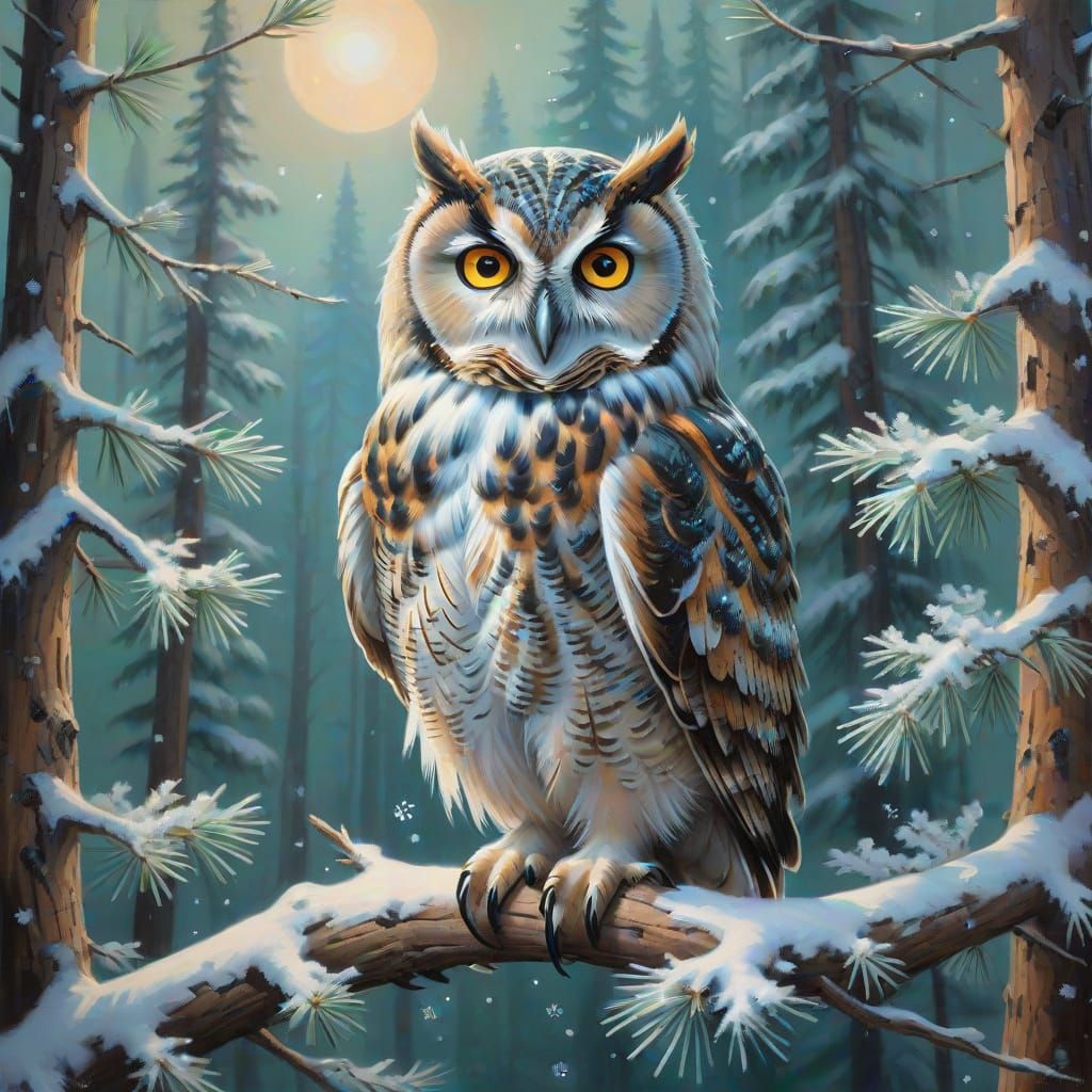 Whimsical Fluffy Owl Perched in Winter Wonderland