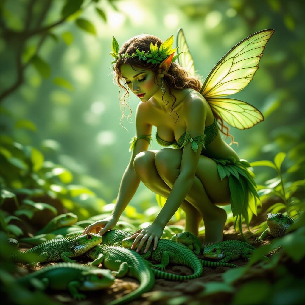 Ethereal Nymph Tiptoes Over Sleeping Lizards