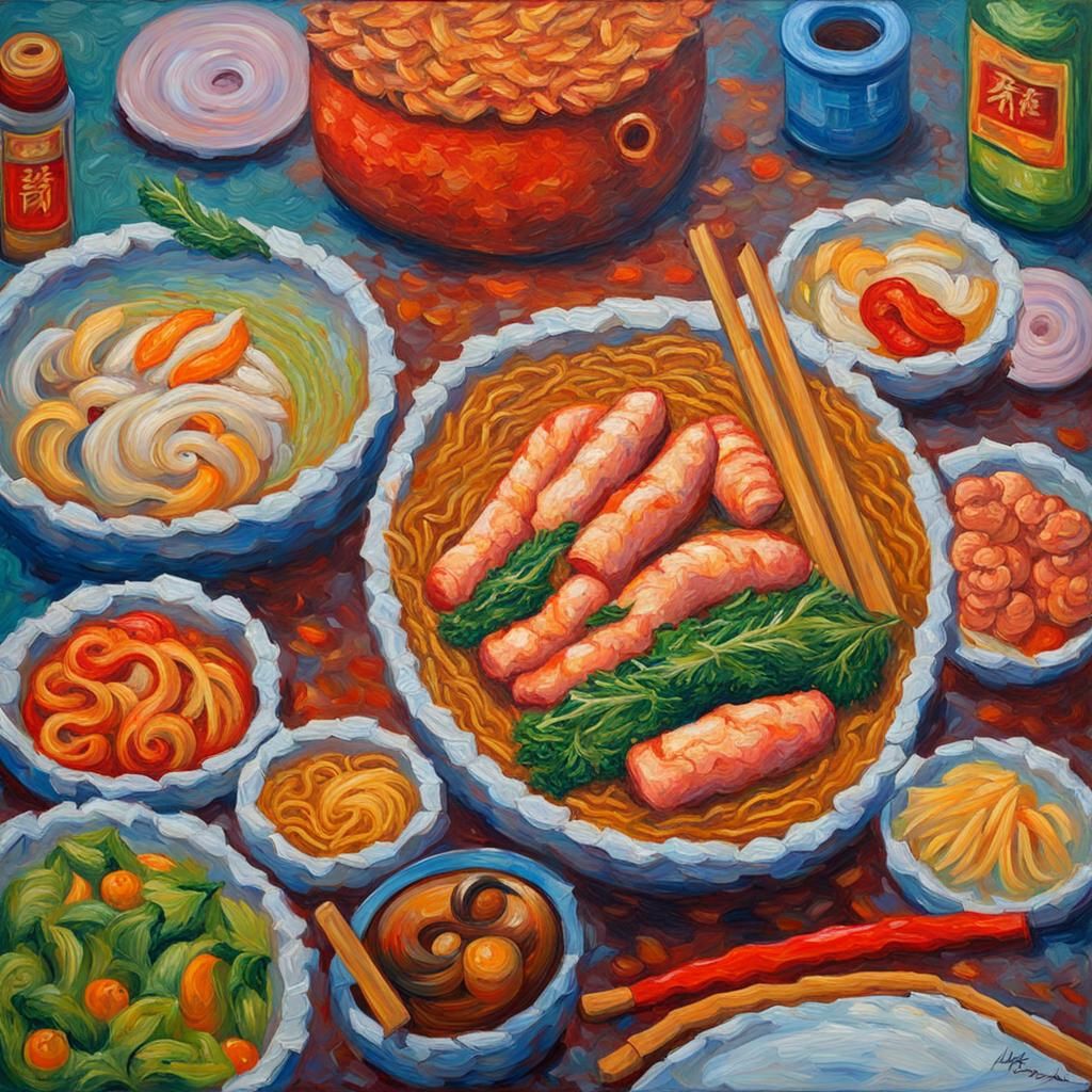 Chinese Food in Expressionist Impasto Oil Painting