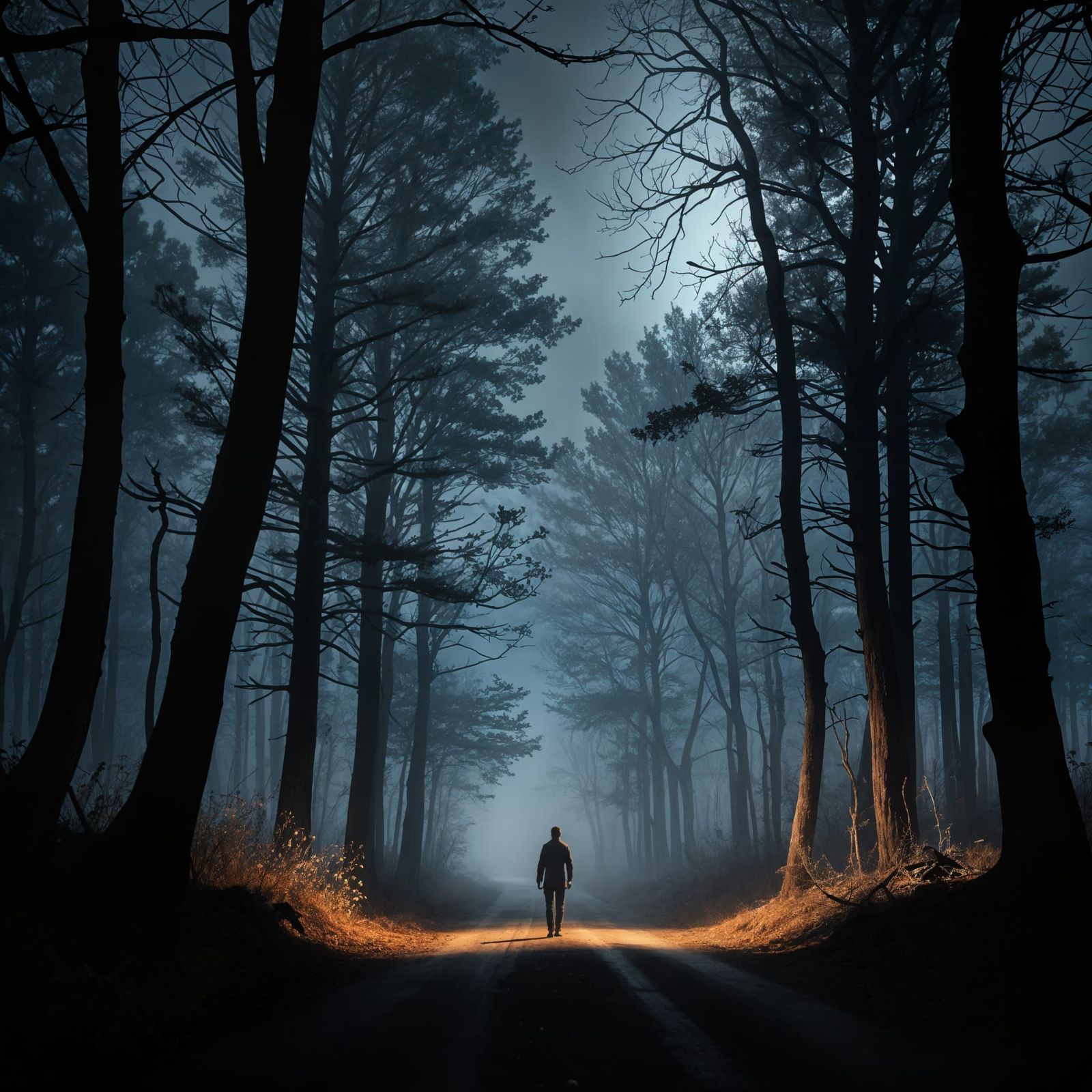 Dark Foggy Woods in Photorealism with Faint Human Shadows