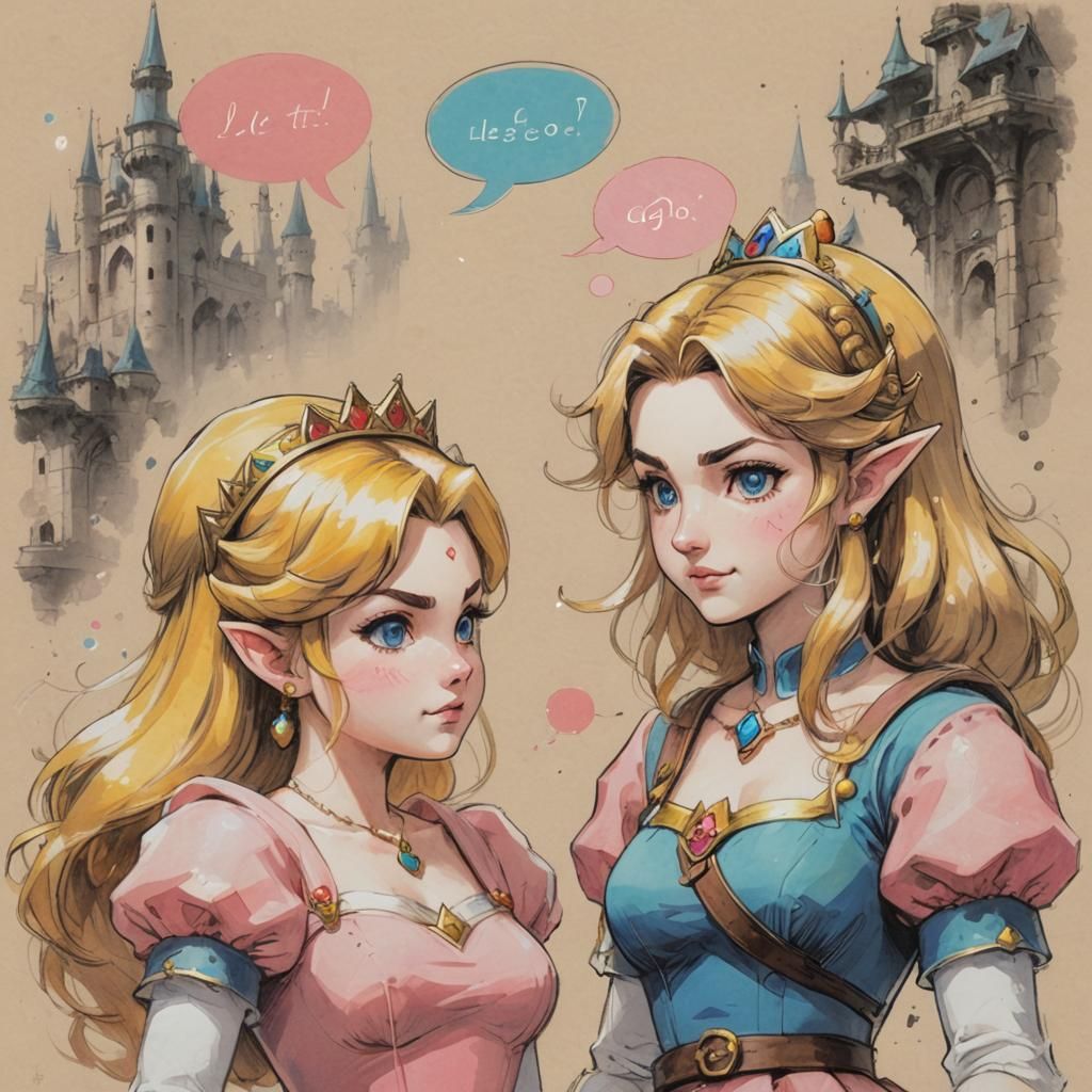 Princess Peach and Zelda Manga Portrait in Pastel