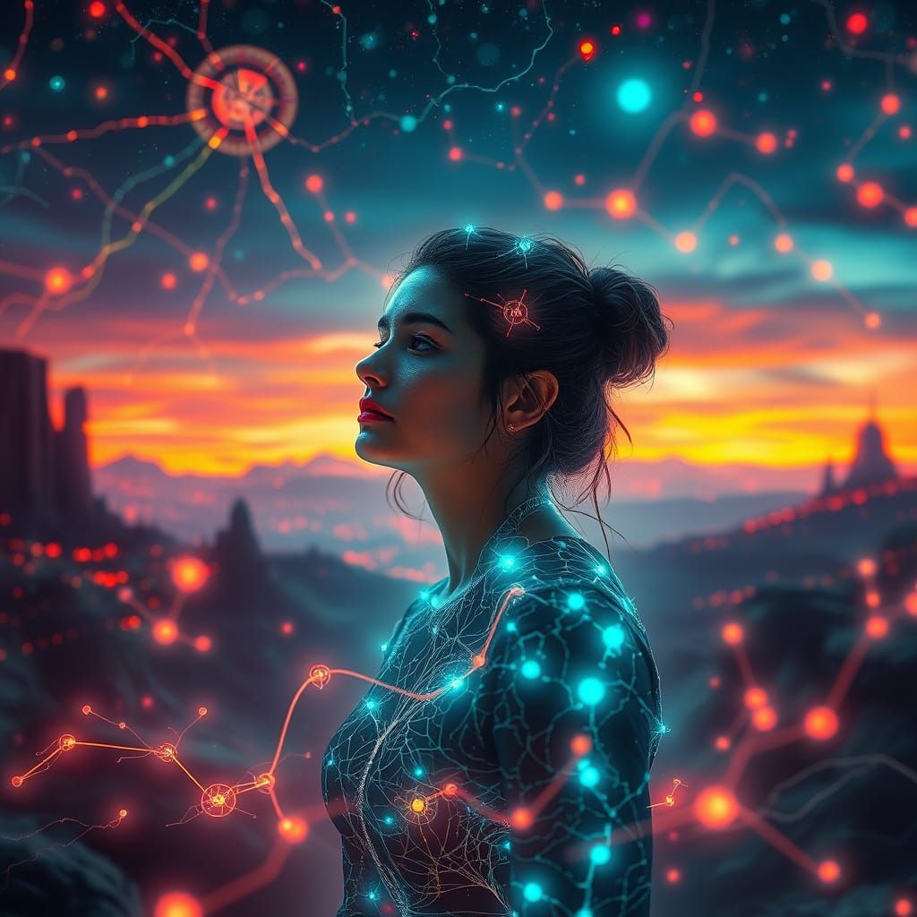 Woman in Contemplation Amidst Surreal Landscape