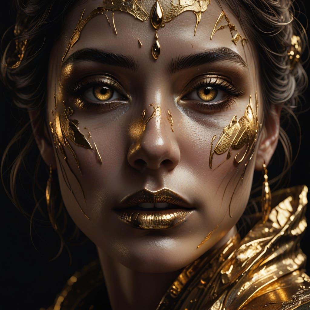 Sculpted Face with Golden Tear in Dramatic Lighting