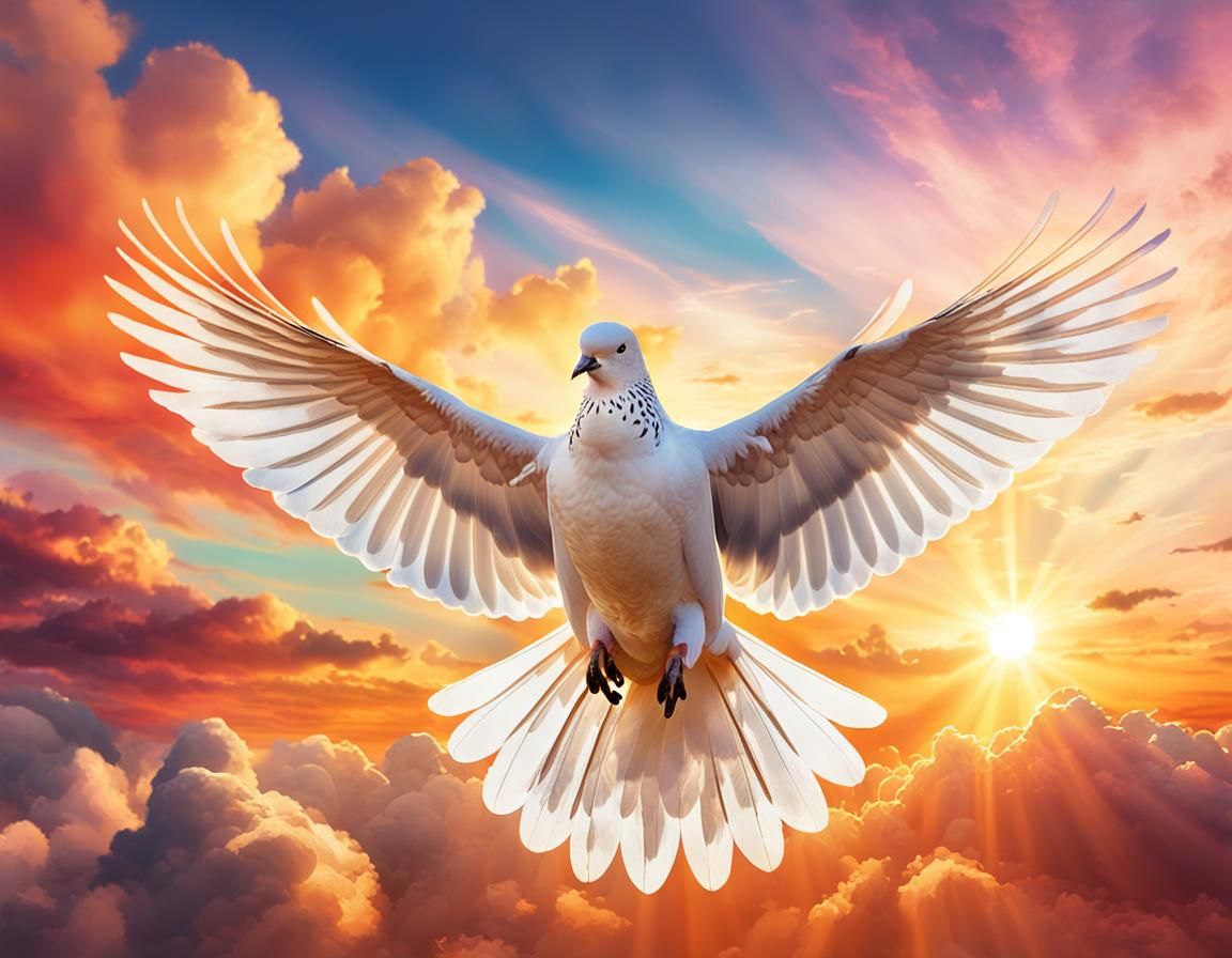 Dove in Flight at Sunrise: Hyperrealistic Splash Art