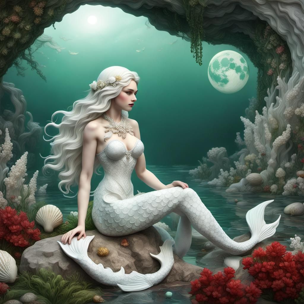 Lace Mermaid on Rock with Sea Flowers