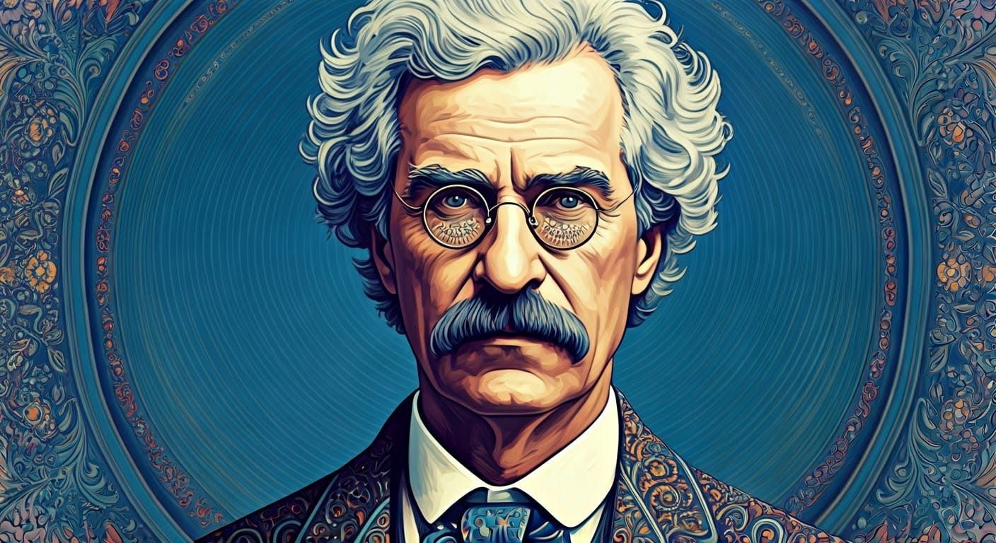 Mark Twain in Psychedelic Delft Blue Art Nouveau Style