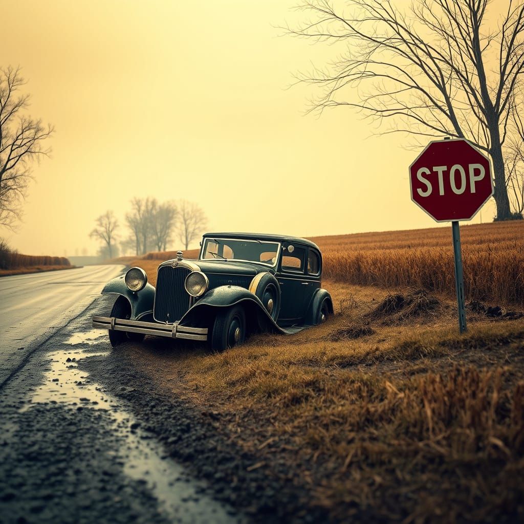 Vintage French Gangster Car Abandoned in a Muddy Roadside Di...
