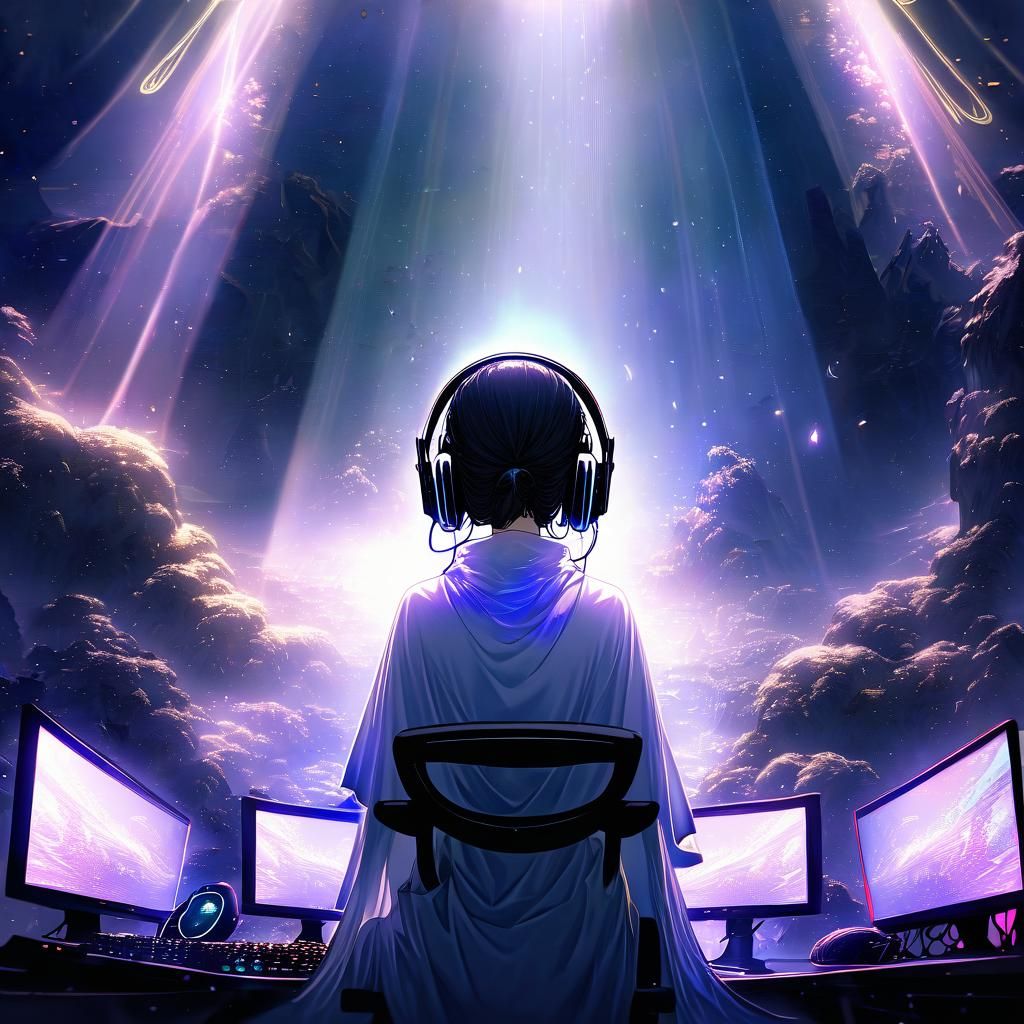 Ethereal Gamer Girl in Dreamy Gaming Setup