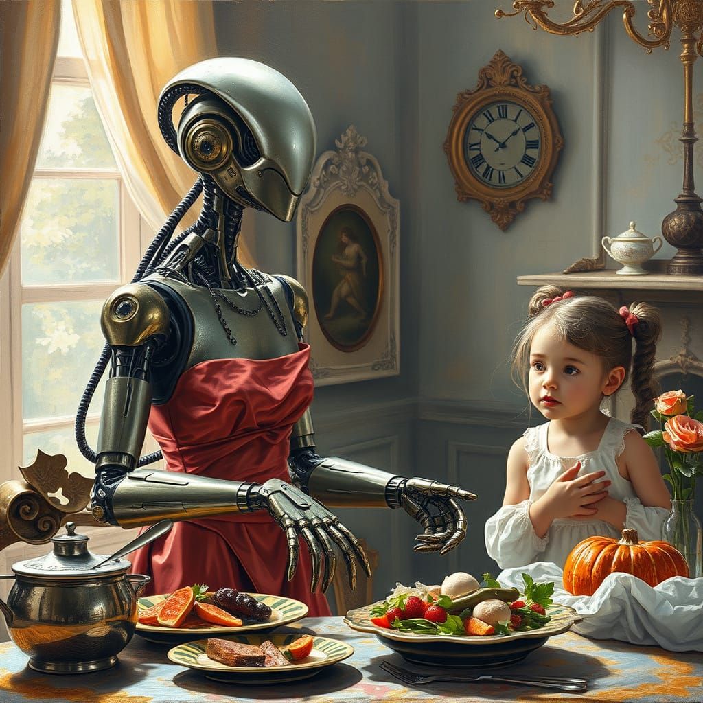 AI Robot Chef Prepares French Meal in Neo-Impressionist Styl...