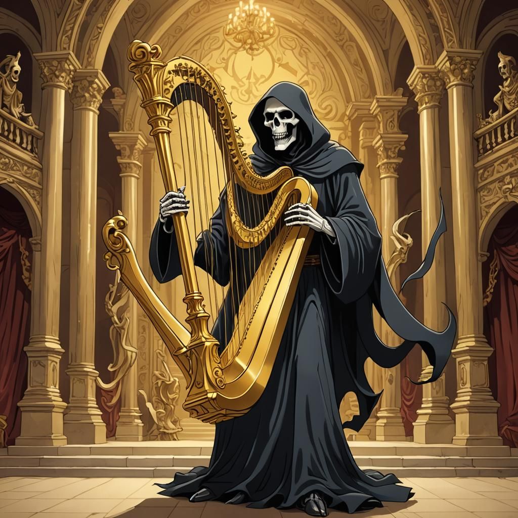 Cartoon Grim Reaper Playing Harp at Opera
