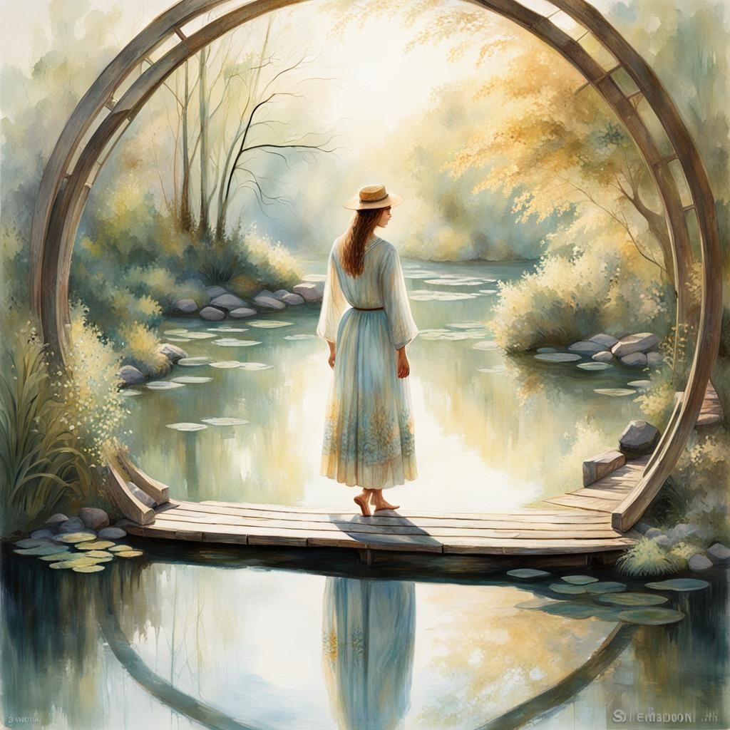 Woman on Bridge: Double Exposure Oil Painting