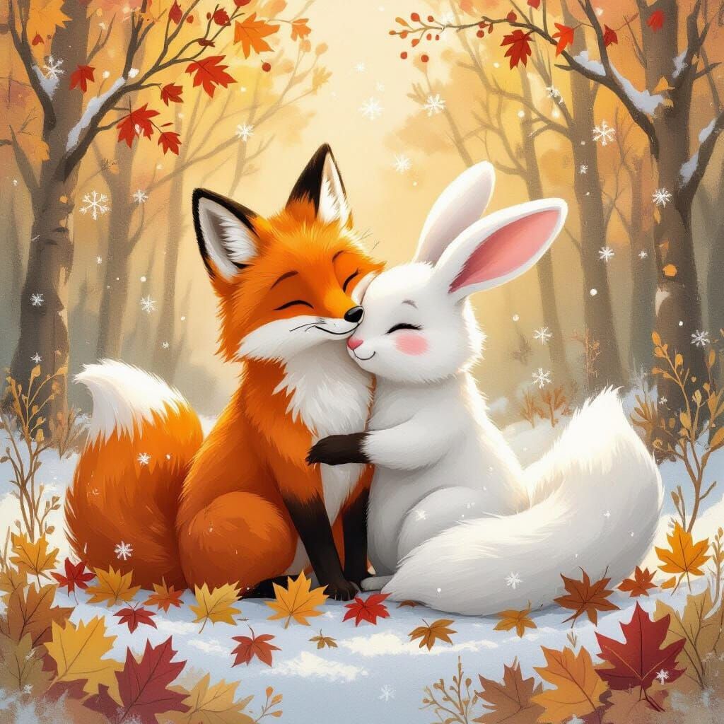 Fox and Bunny in Autumn Winter Wonderland Illustration