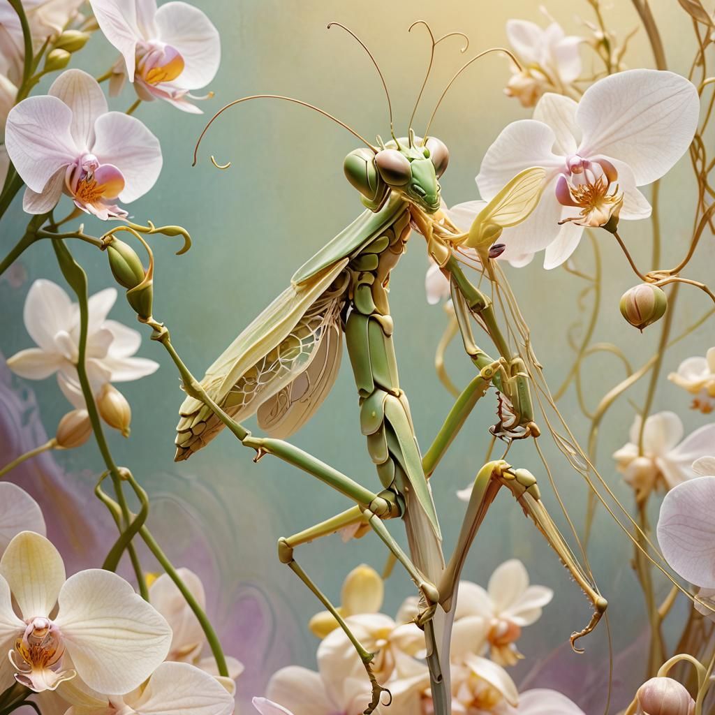 Orchid Praying Mantis in Art Nouveau Style