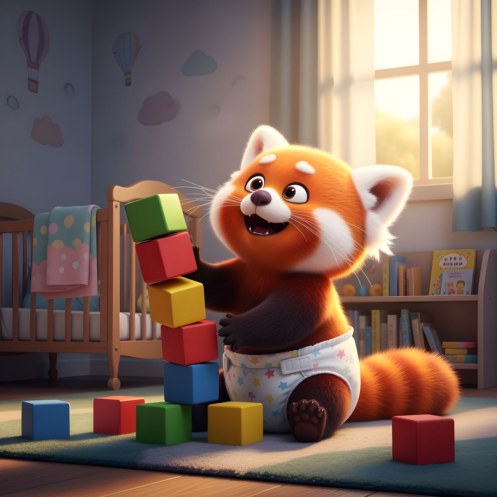 Cute Red Panda Toddler Playing with Blocks in 3D