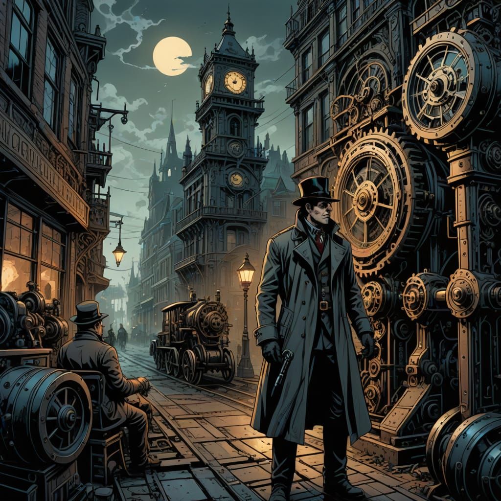 Steampunk Victorian City Confrontation in Comic Book Style