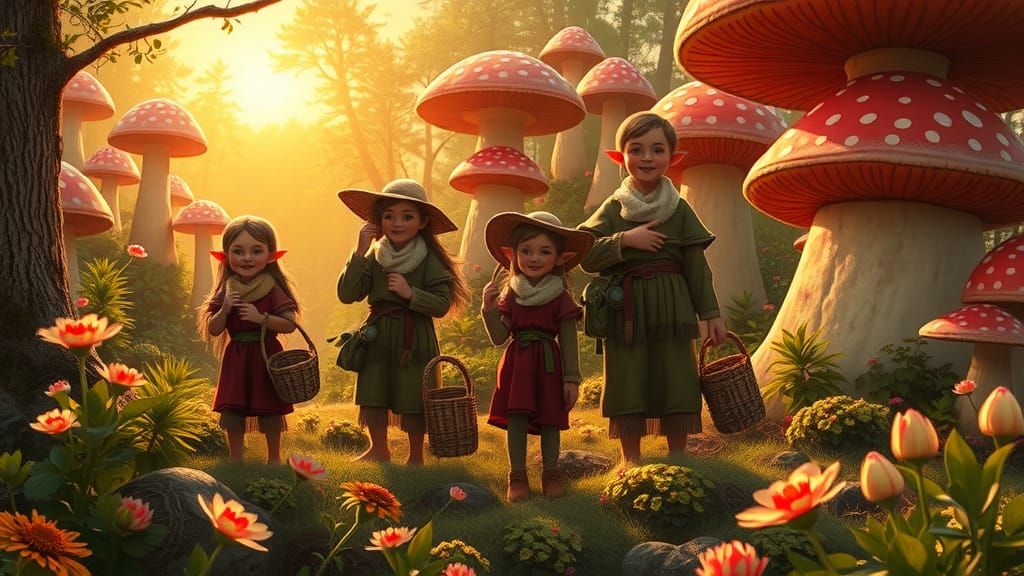 Elves Gardening in Mushroom Kingdom at Sunrise