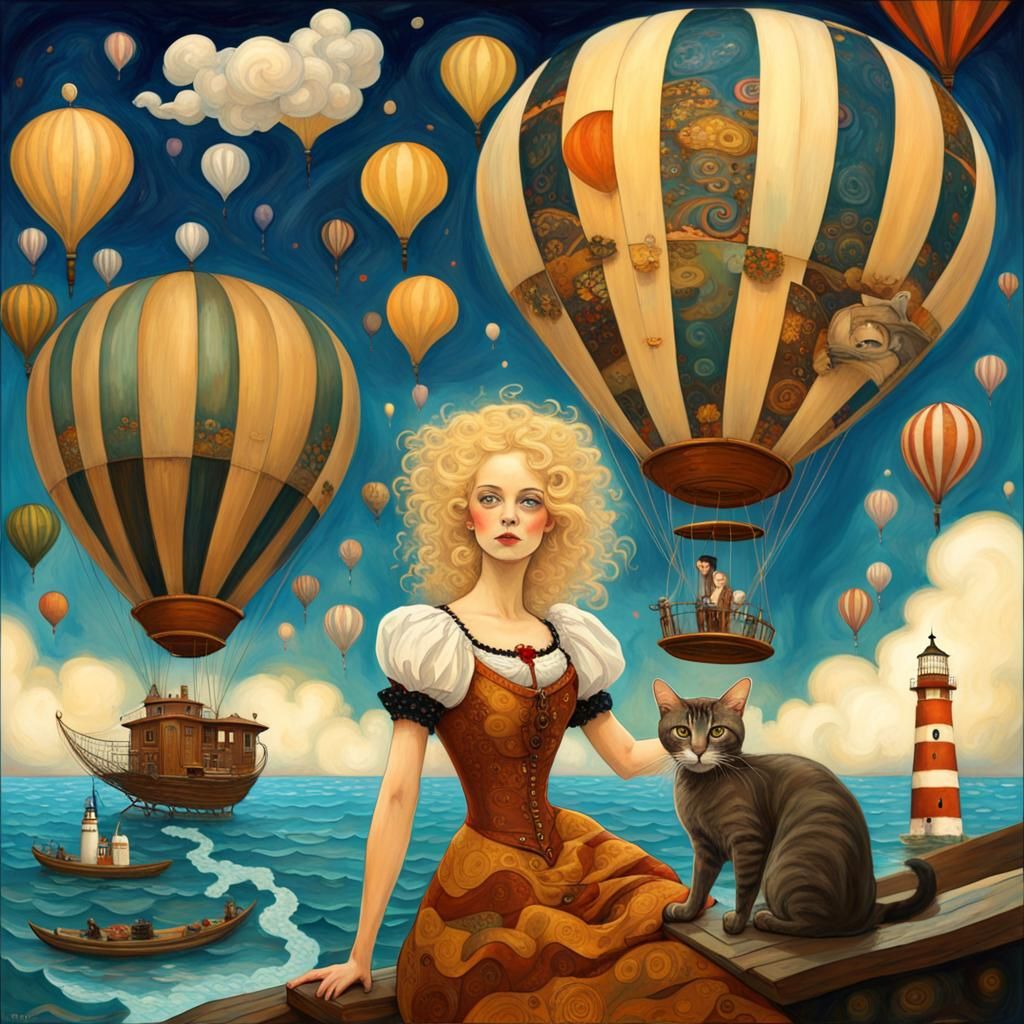 Klimt-Style Woman with Cat and Airships