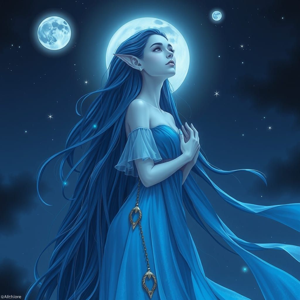 Ethereal Silver Blue Moon Goddess They have long dark blue h...