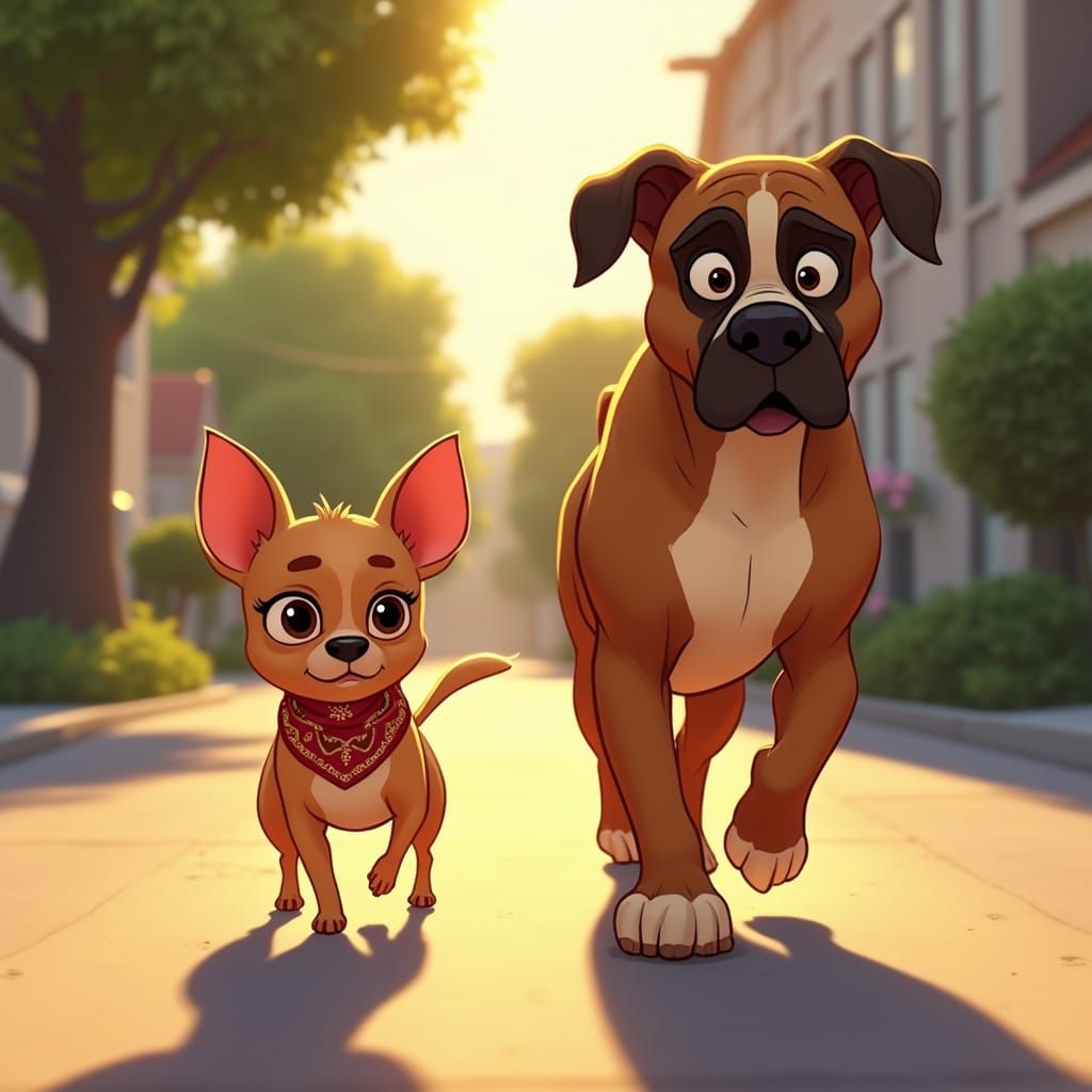 Chihuahua and Boxer Dogs on Suburban Street