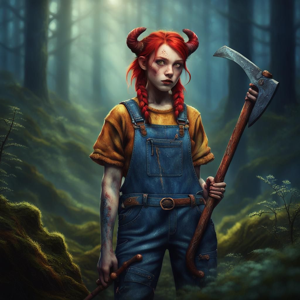 Tiefling Hillbilly Girl in Lush Forest: Fantasy Art