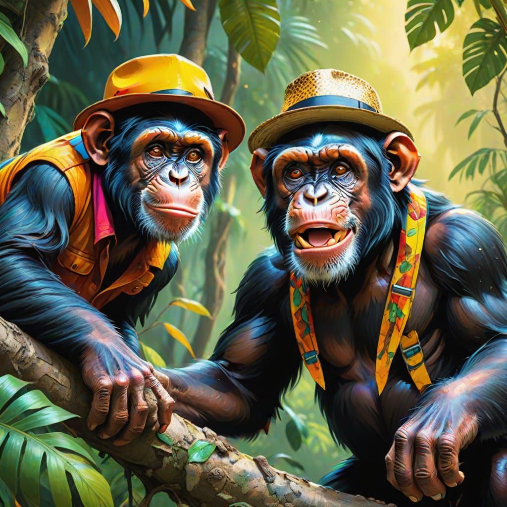 Chimpanzee's Jungle Prank: A Hyperrealistic Splash Art Scene