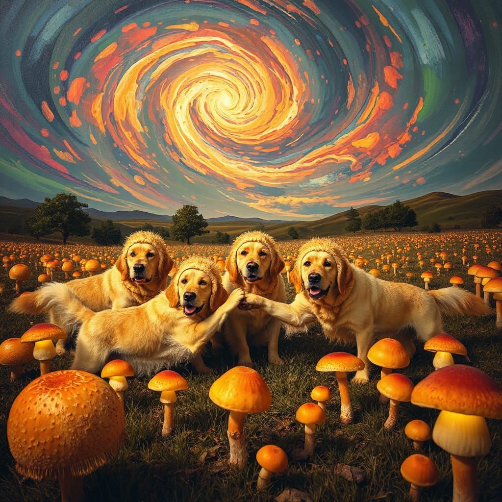 Golden Retrievers as Sumo Wrestlers in Surreal Landscape