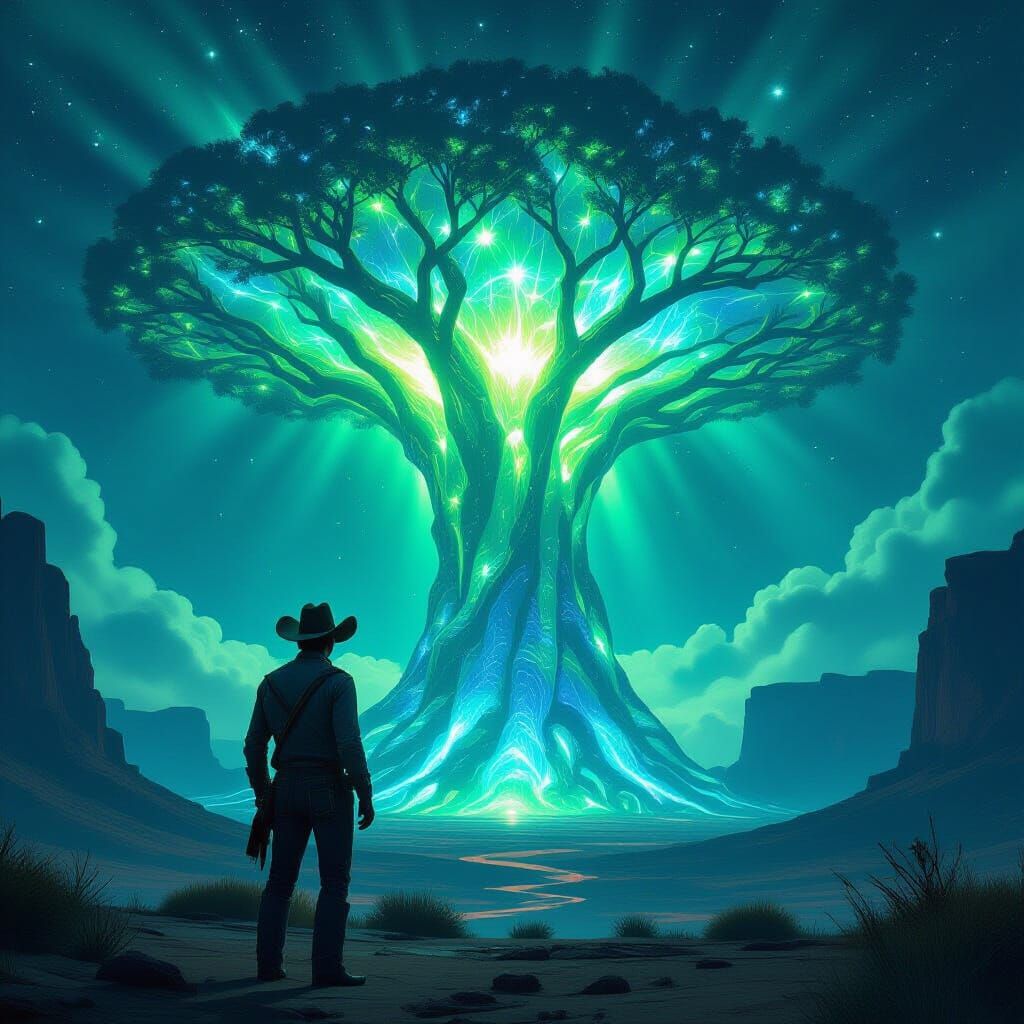 Cowboy Gazes at Alien Tree in Vivid Matte Painting